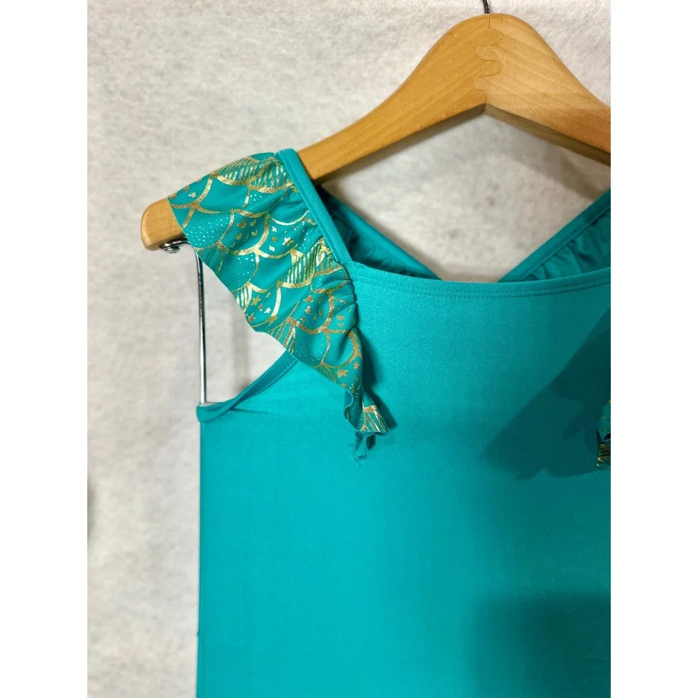 Cat & Jack Girls Teal Mermaid Swimsuit and Skirt Cover Up Set 4T Gold Foil Scale
